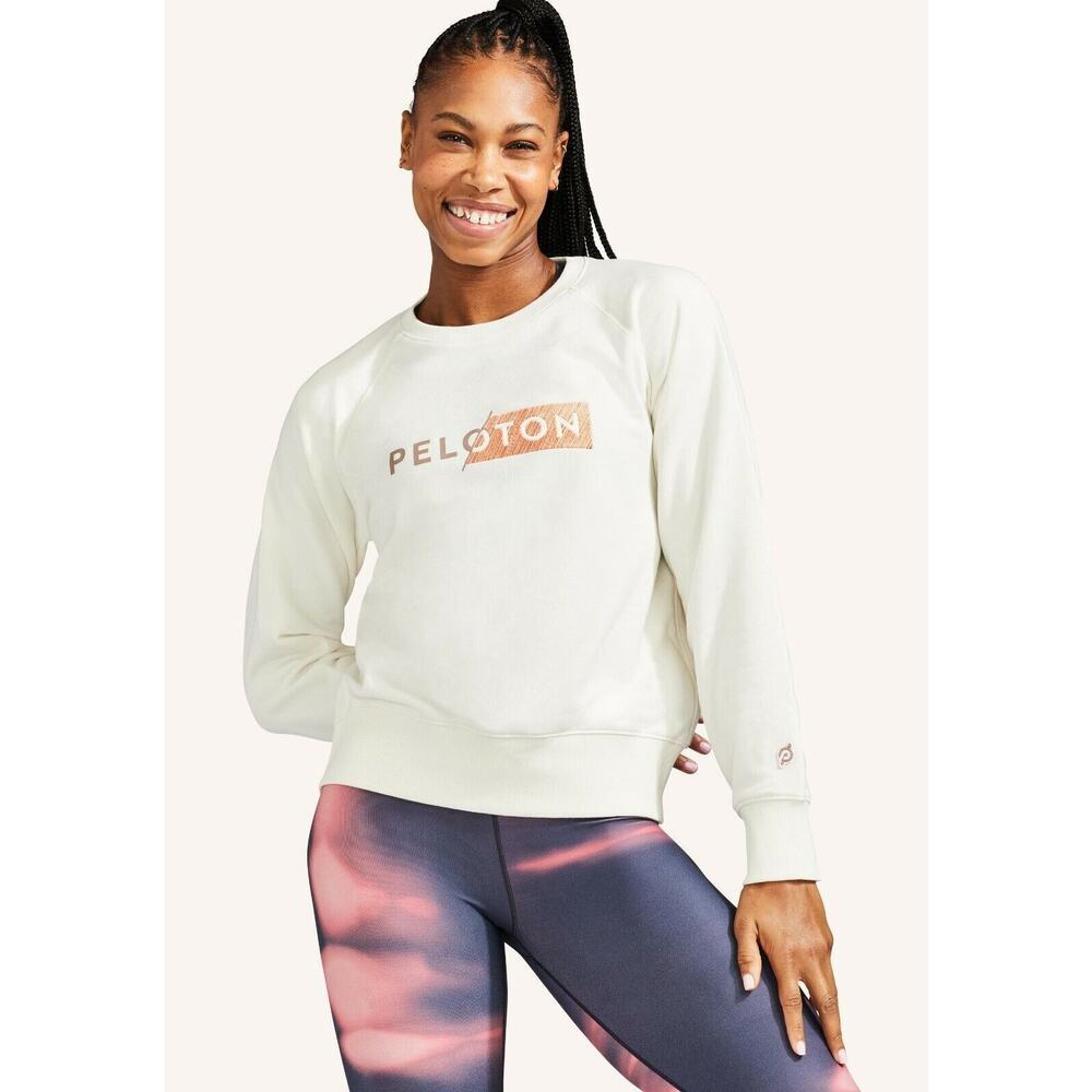Peloton Cream Embroidered Crew Neck French Terry Pullover Sweatshirt Women Sz L - Picture 2 of 10